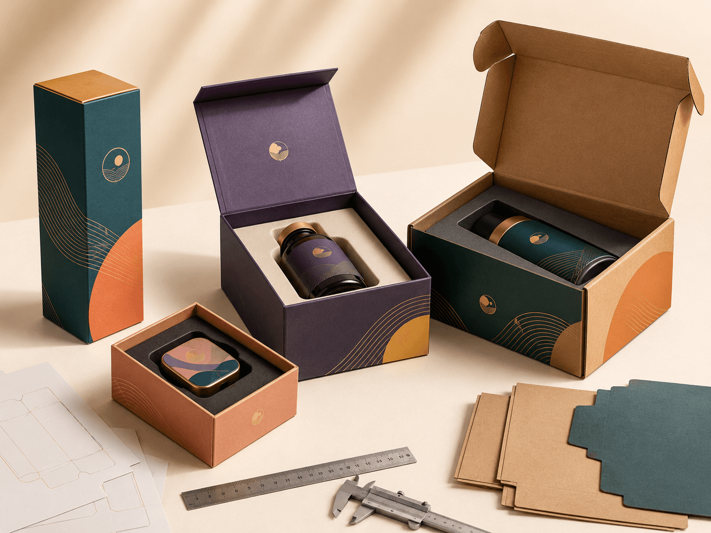 Custom size packaging samples with measuring tools, fitted inserts and made-to-order box structures.