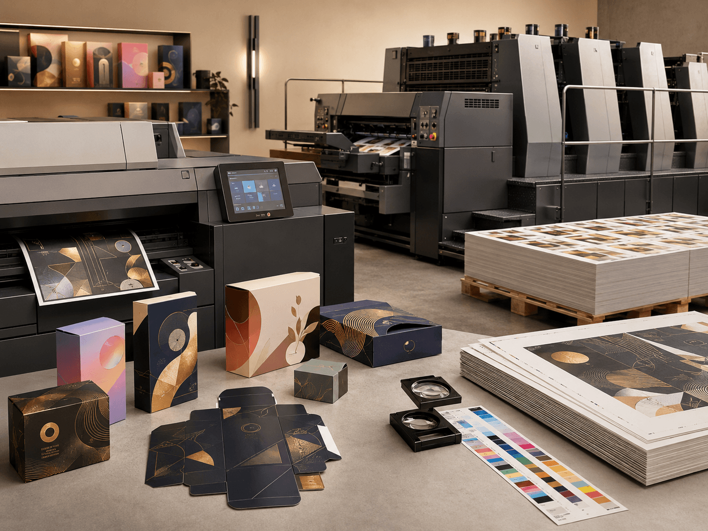 Premium printed packaging samples showing digital and offset print detail on colourful custom boxes.