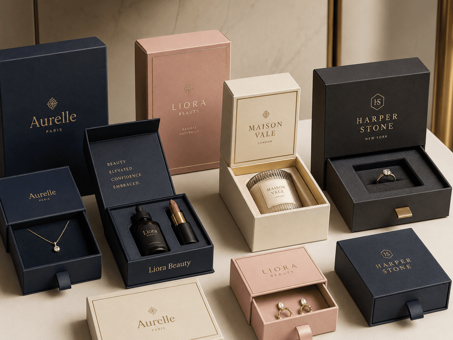 Premium custom product packaging with rigid boxes, drawer boxes and fitted inserts