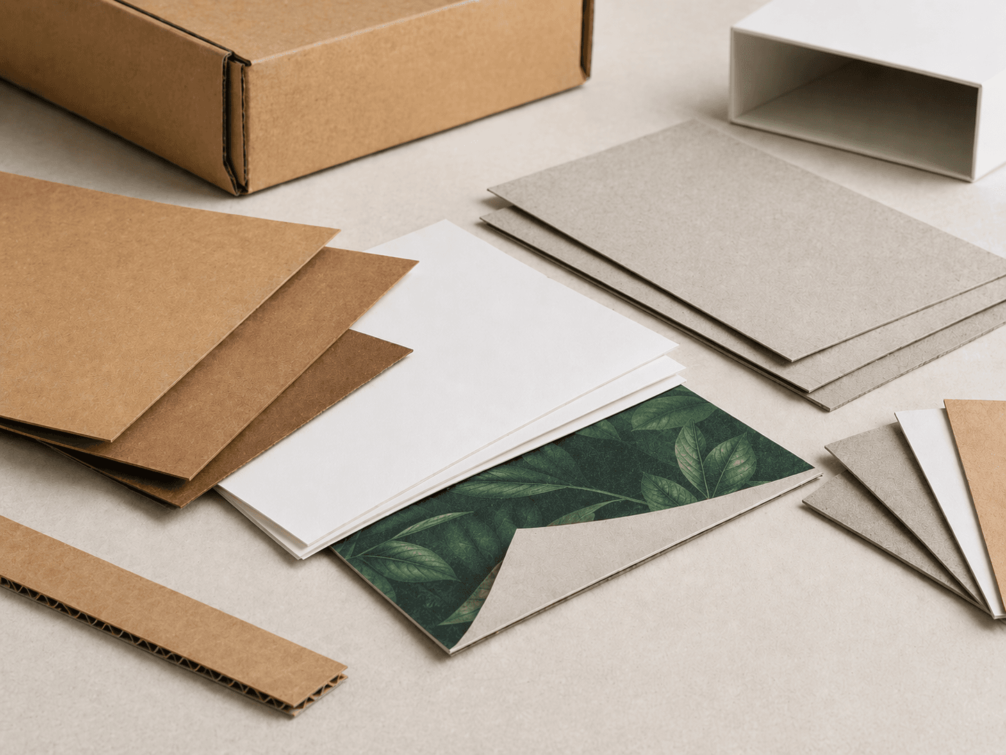 Paper packaging board samples showing kraft board, SBS, duplex board, corrugated board and rigid board with visible texture and thickness differences.
