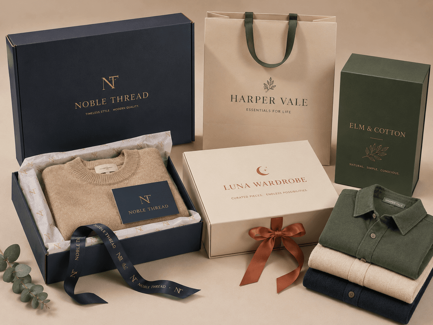 Custom apparel and gift packaging with branded mailer box, rigid box and paper bag
