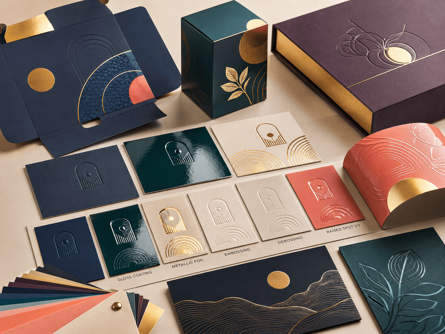 Luxury packaging finish planning scene with matte, gloss, foil, embossing and spot UV samples.