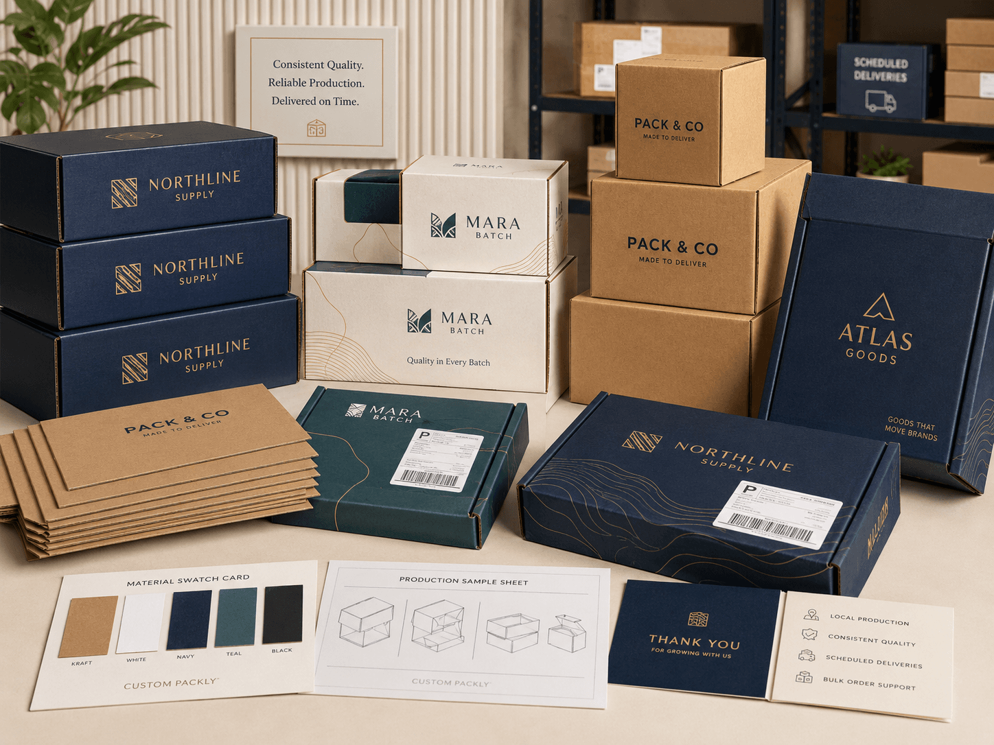 Bulk custom packaging with stacked branded boxes, flat cartons and sample packaging cards