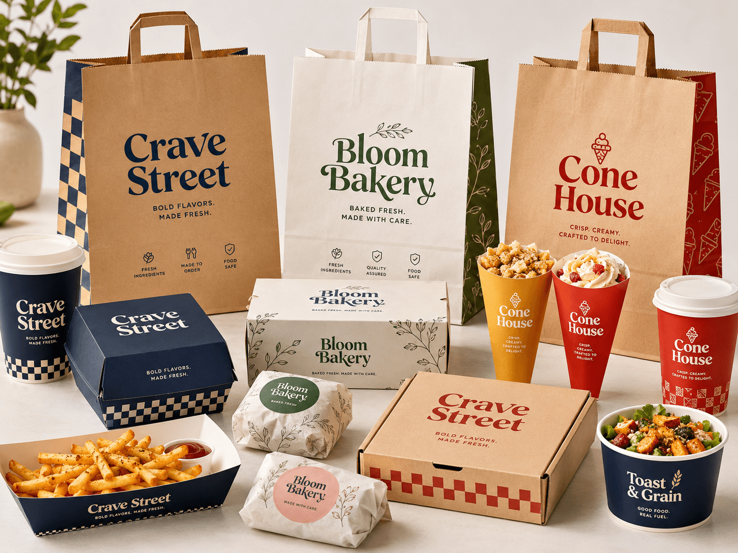Custom food and takeaway packaging with burger boxes, bakery boxes, trays and paper bags