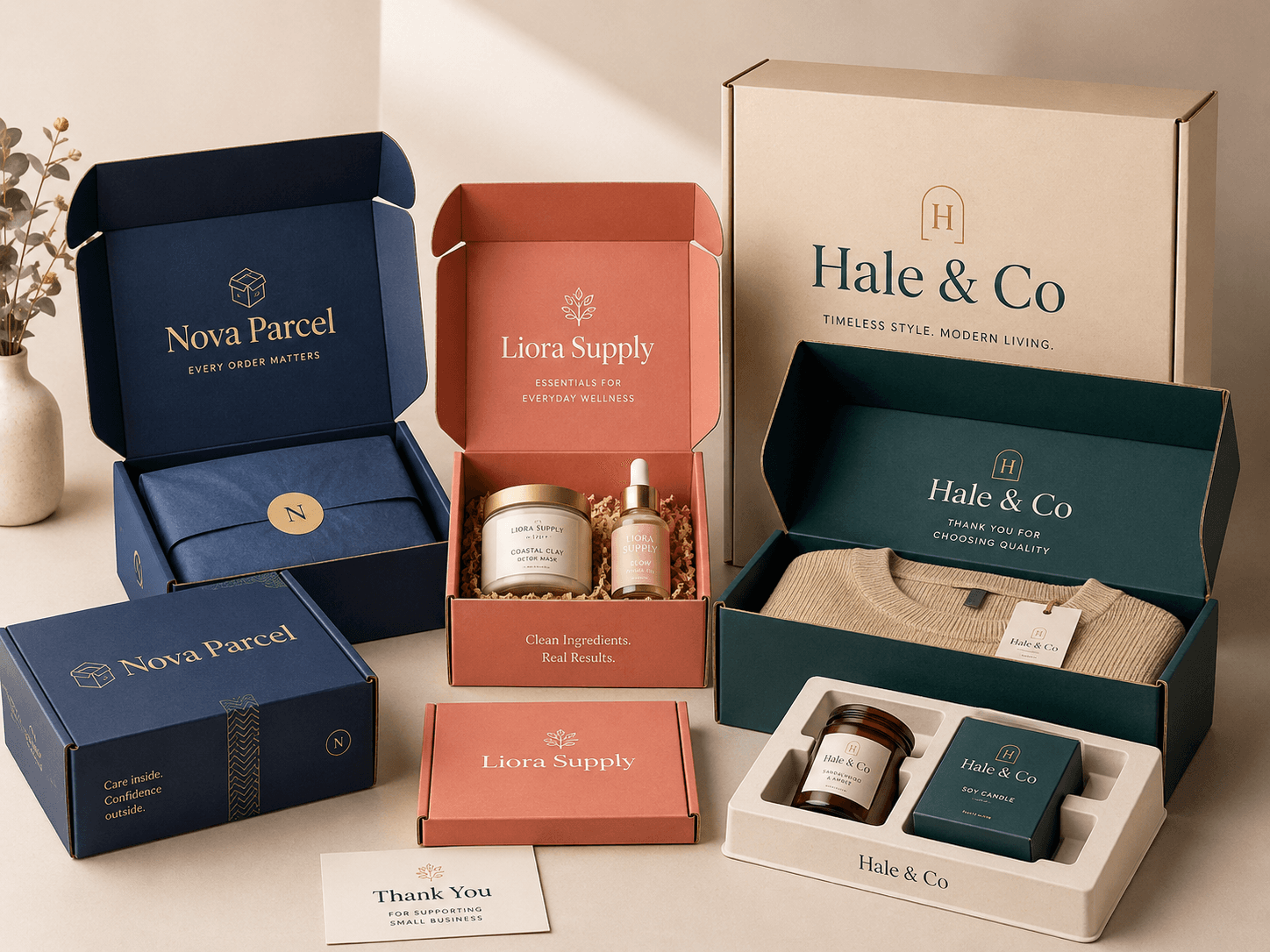 Custom ecommerce packaging with branded mailer boxes, corrugated boxes and fitted inserts